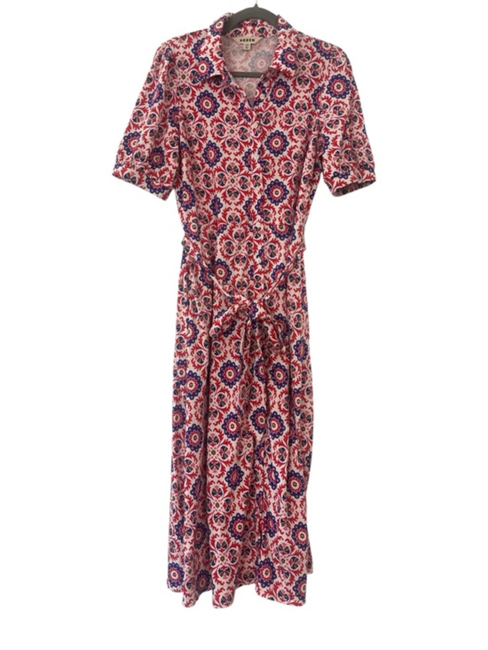 BODEN Libby Tile Print Jersey Midi Shirtdress in Red Blue Size 12 Regular